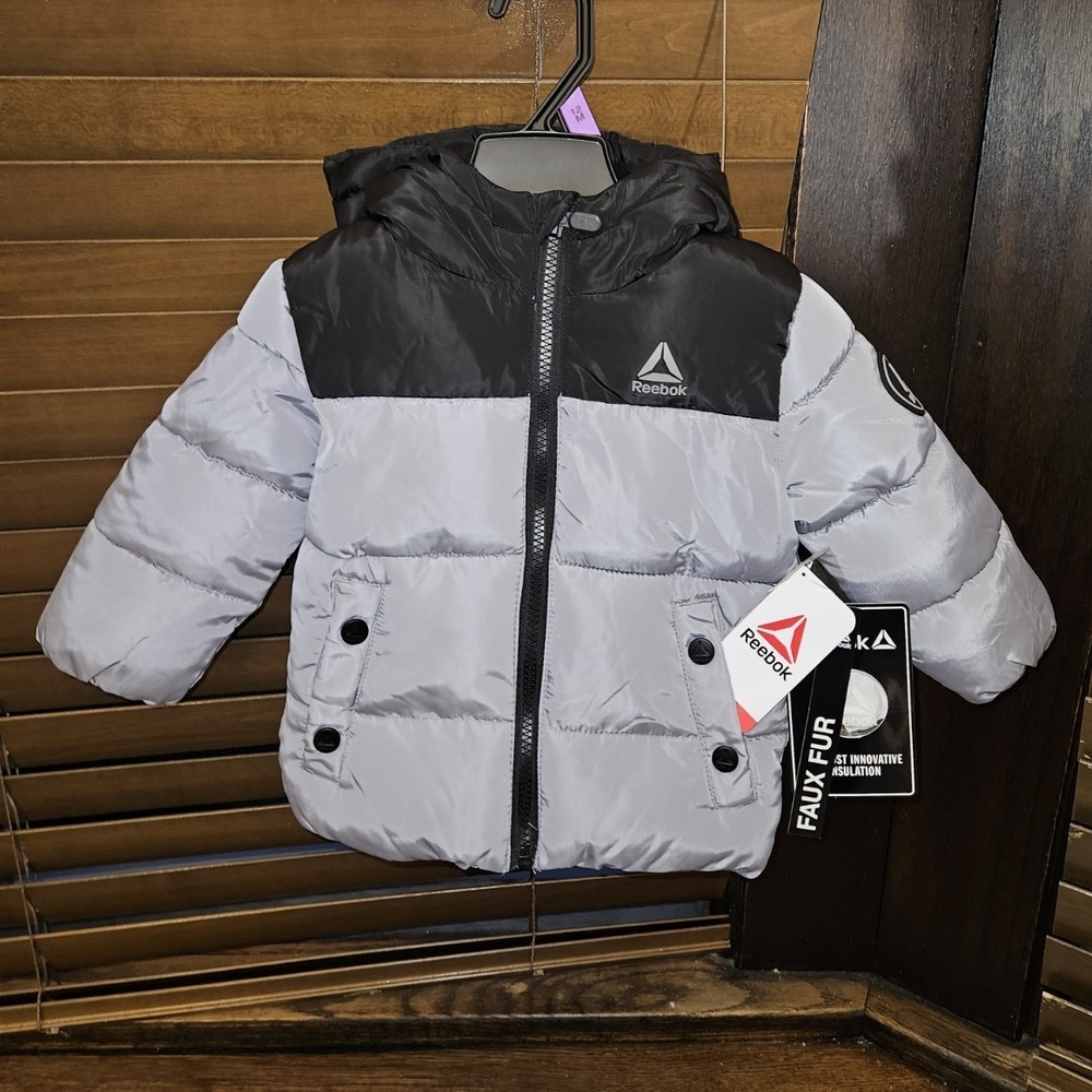 Reebok Infant Boys Silver Black Hooded Puffer Jacket Winter Coat Size 12M NWT